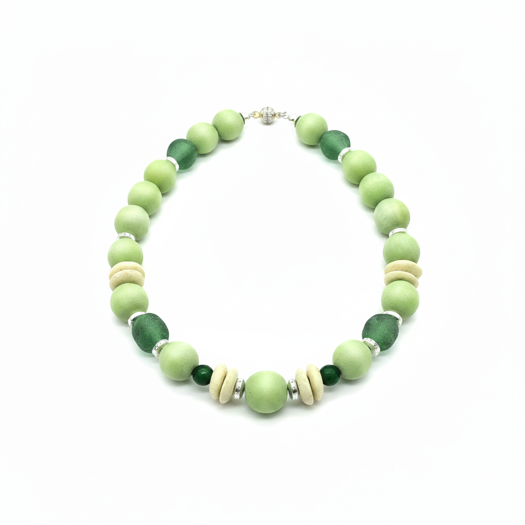 Chunky Apple Green Wood Bead Choker Necklace African Glass Silver Accents
