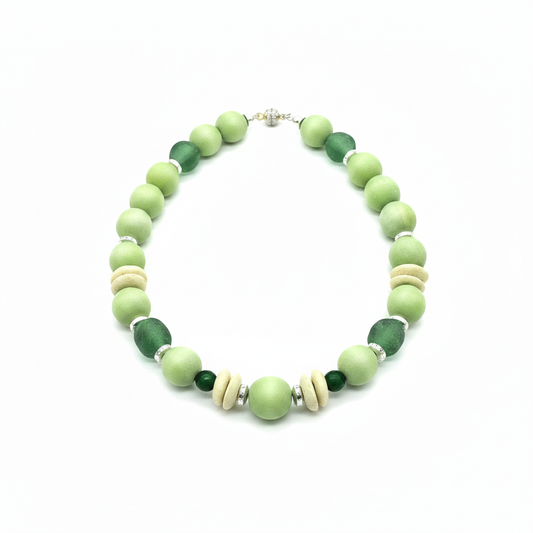 Chunky Apple Green Wood Bead Choker Necklace African Glass Silver Accents
