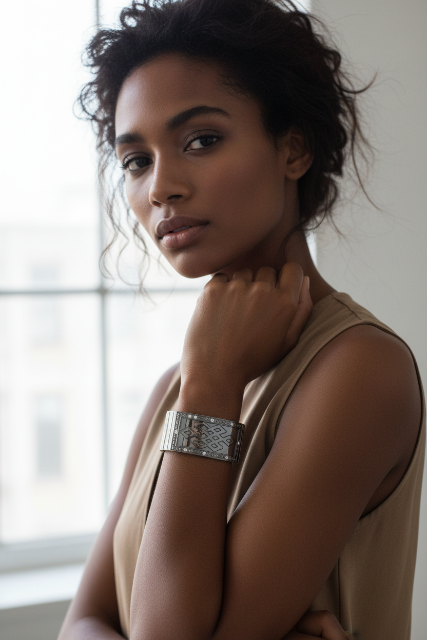 Brown skin model wearing chunky black gun metal open cuff bracelet - edgy boho statement bracelet lifestyle shot