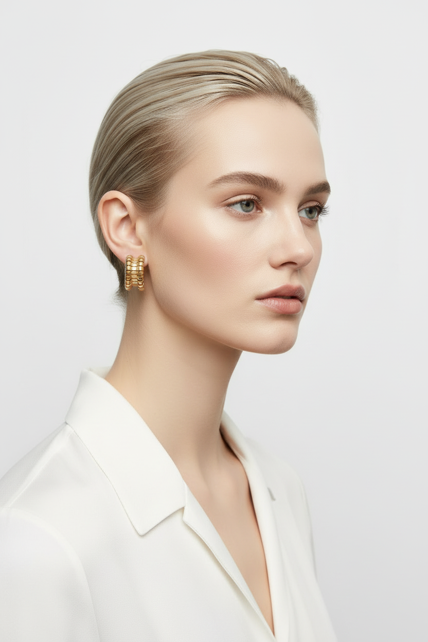 Chunky Bold Gold Hoop Stud Earrings on Dressed Nordic Model