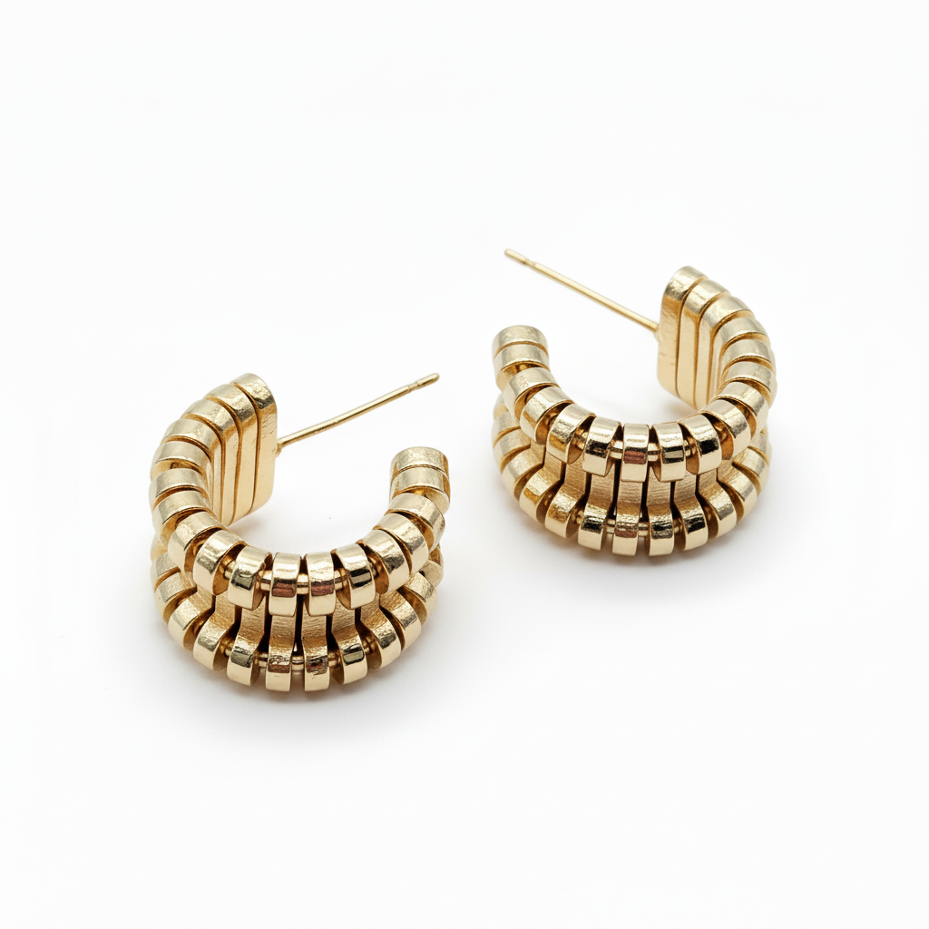Chunky Bold Gold Hoop Stud Earrings - Warmer Gold with Shadows