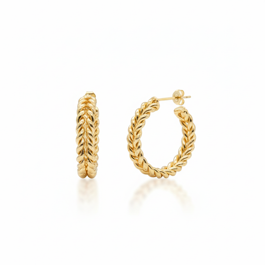Chunky braided gold hoop earrings 18k gold plated stud hoops textured braided design luxury jewelry