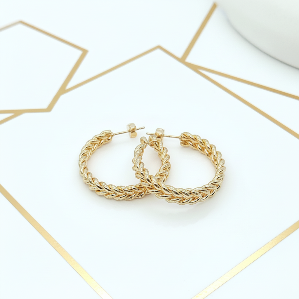 Chunky braided gold hoop earrings 18k gold plated white and gold setting textured hoops statement jewelry