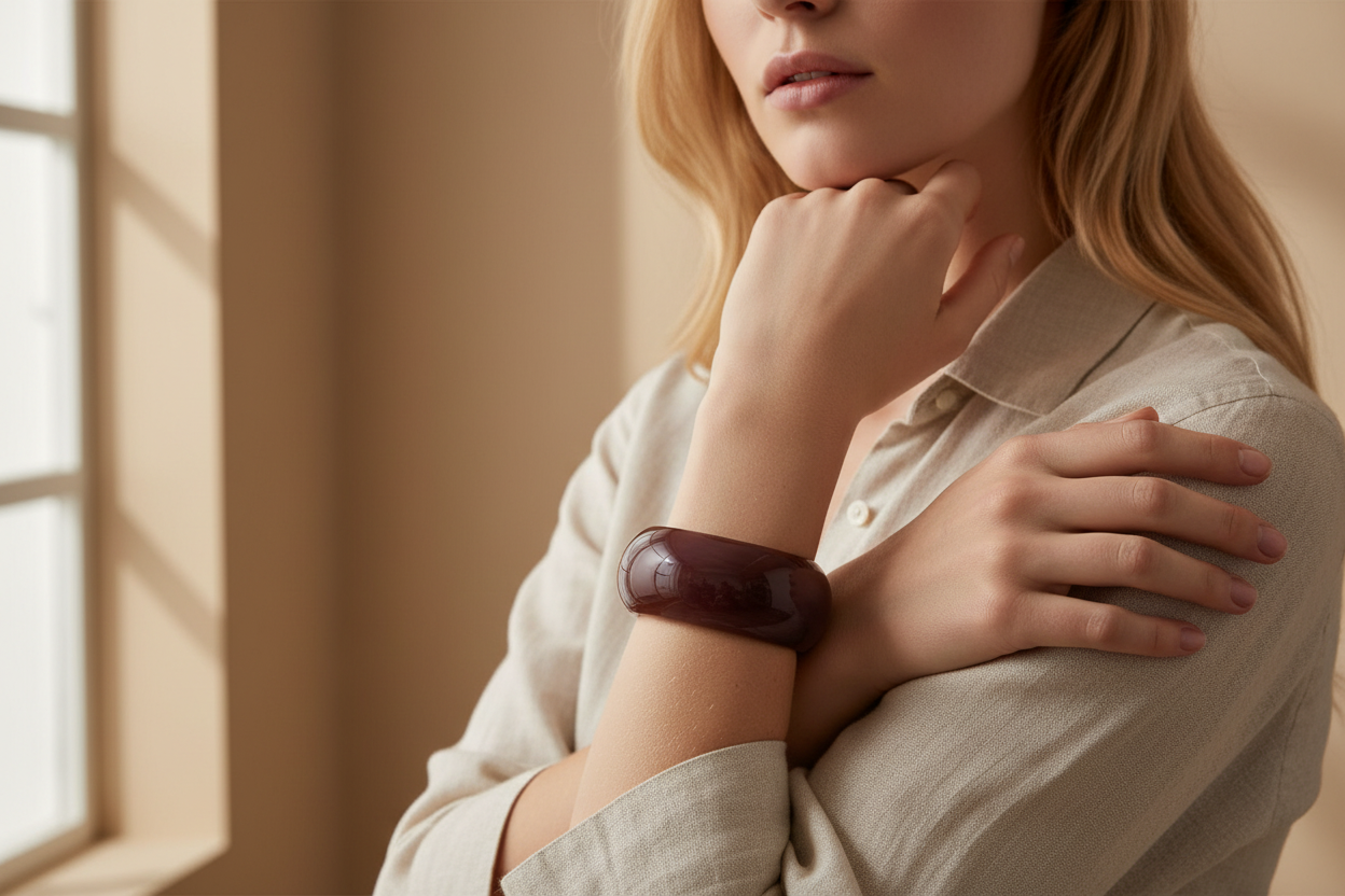 Chunky chocolate brown resin bangle bracelet worn on wrist of Scandinavian model – Ms Friesch bold bracelet