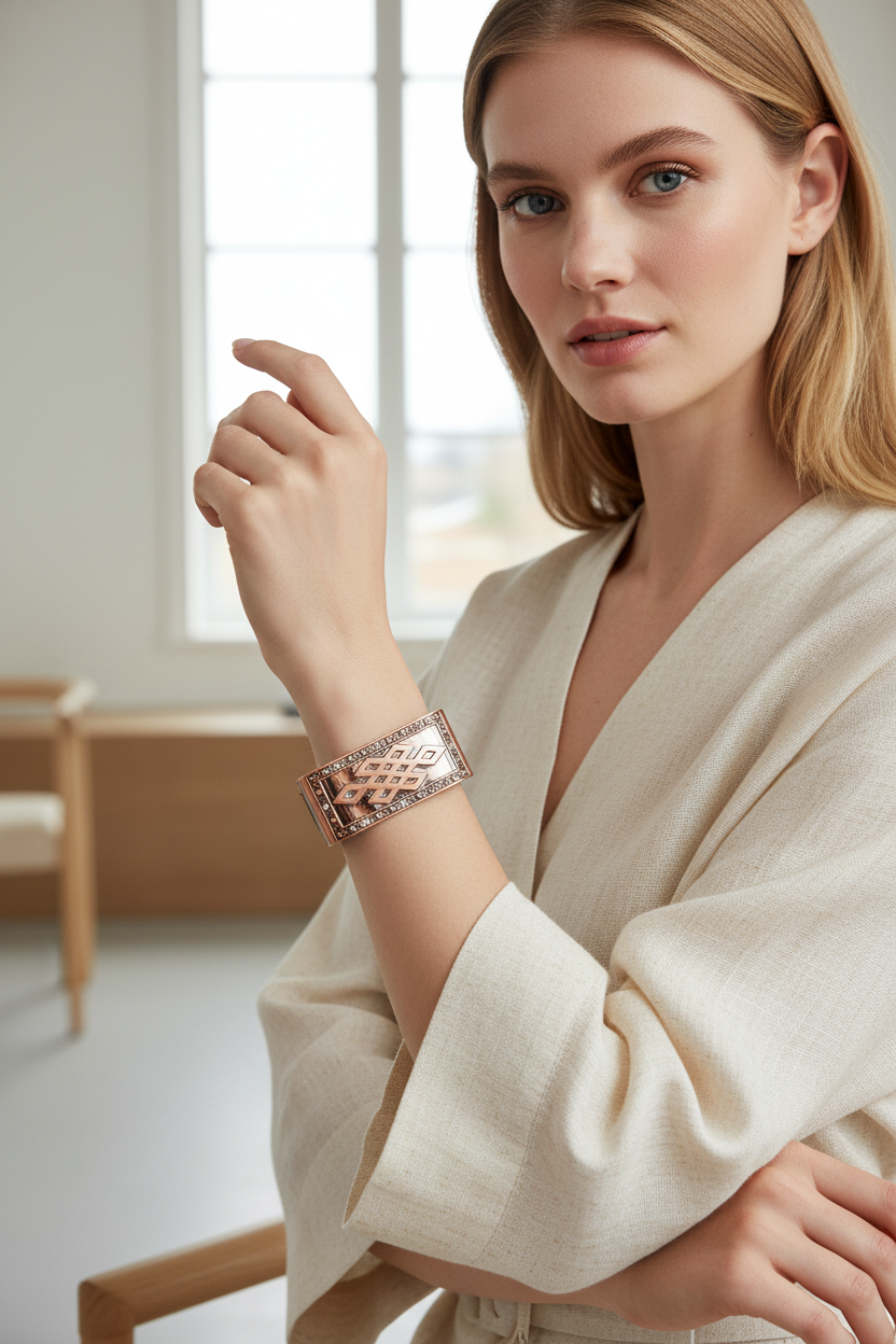 Nordic model wearing chunky copper rectangular bangle bracelet - warm tone statement bracelet lifestyle shot