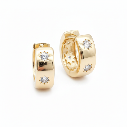 Chunky CZ gold hoop stud earrings 20mm - 18k gold plated with cubic zirconia stones