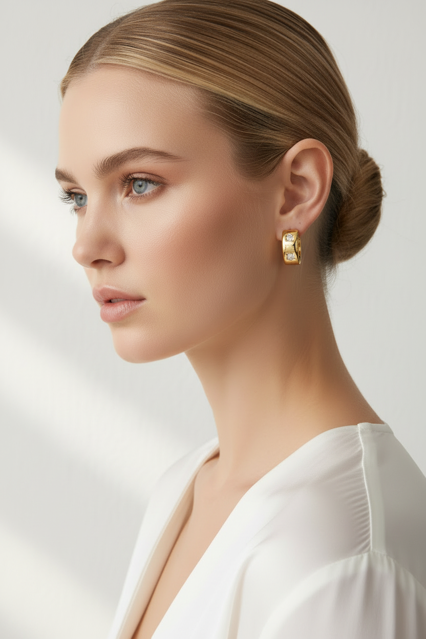 Woman wearing chunky CZ gold hoop stud earrings 20mm - 18k gold plated jewelry