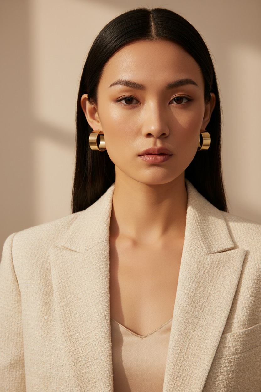 Black hair model wearing chunky flat gold hoop stud earrings 25mm statement jewelry