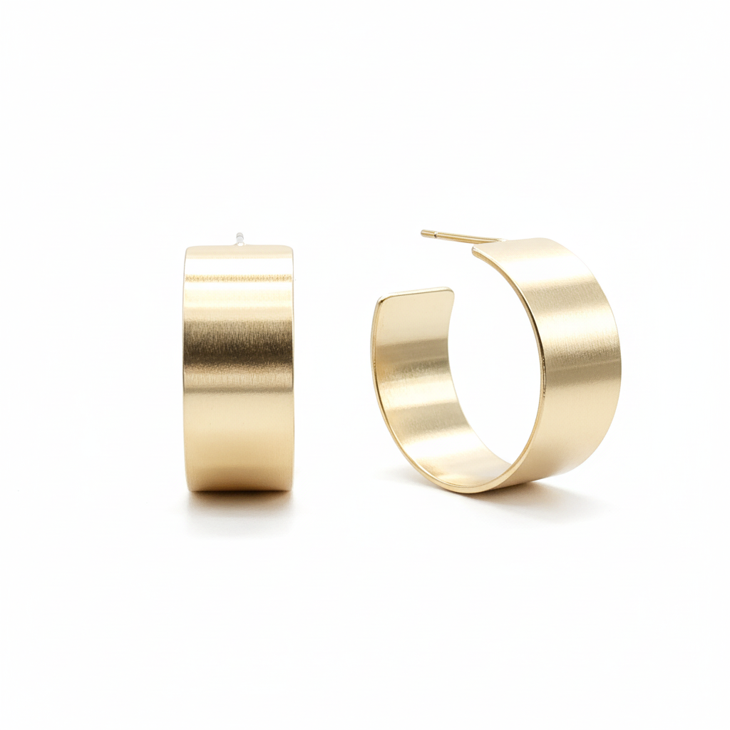 Chunky flat open hoop stud earrings 25mm 18k gold plated modern jewelry