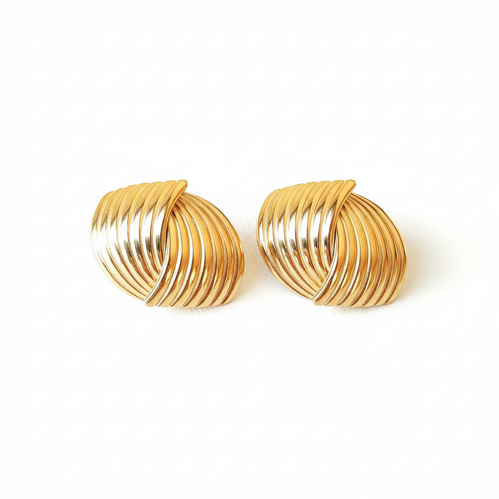 Chunky gold button stud earrings 18k PVD plated stainless steel statement jewelry white background
