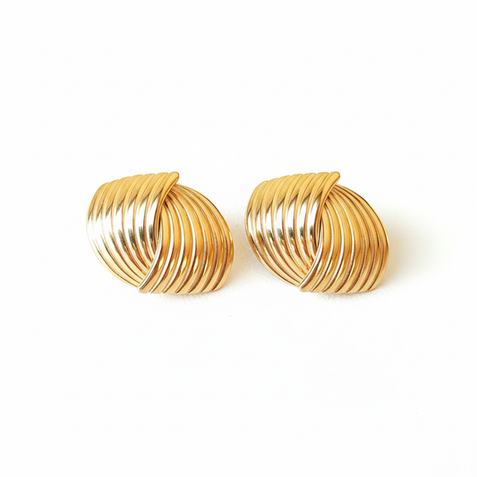 Chunky gold button stud earrings 18k PVD plated stainless steel statement jewelry white background
