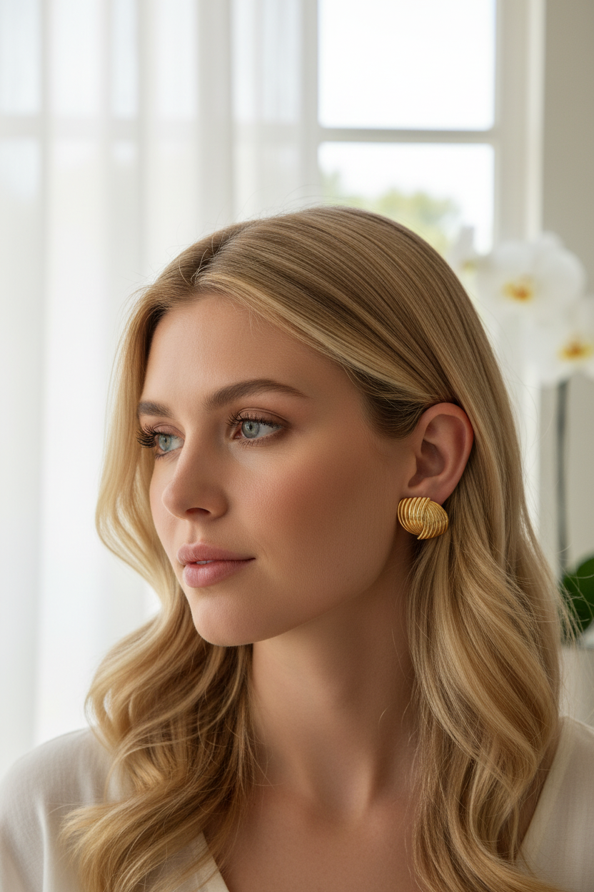 Woman wearing chunky gold button stud earrings 18k PVD everyday bold jewelry side view
