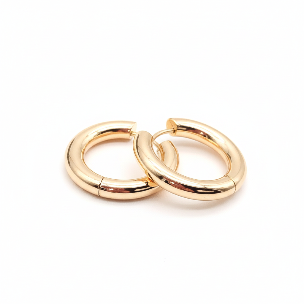 Chunky gold hoop earrings 24mm - 18k gold plated thick hoops on white background