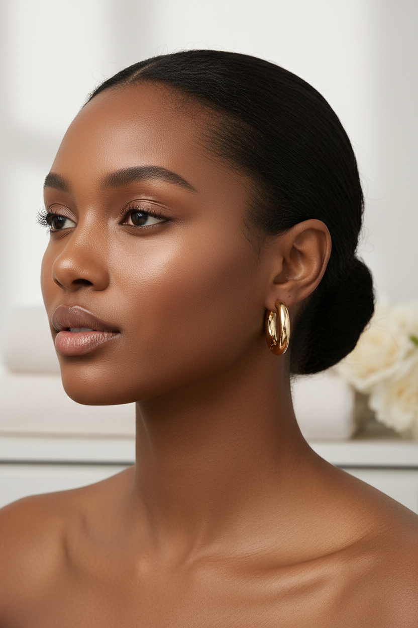 Chunky 24mm gold hoop earrings worn - 18k gold plated statement hoops lifestyle shot