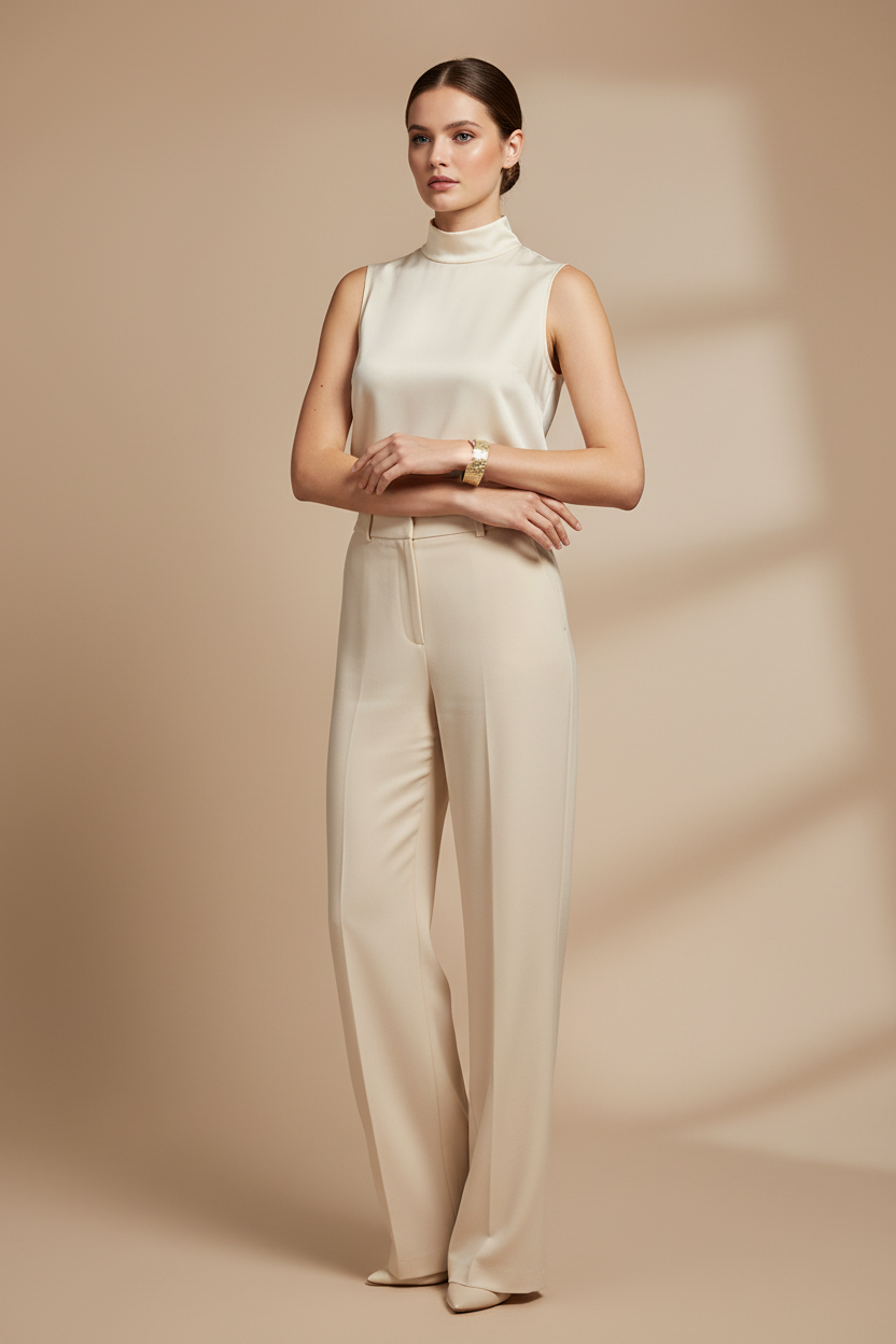 Model wearing chunky gold leaf bangle bracelet - full-body lifestyle shot showcasing 18k gold plated botanical cuff