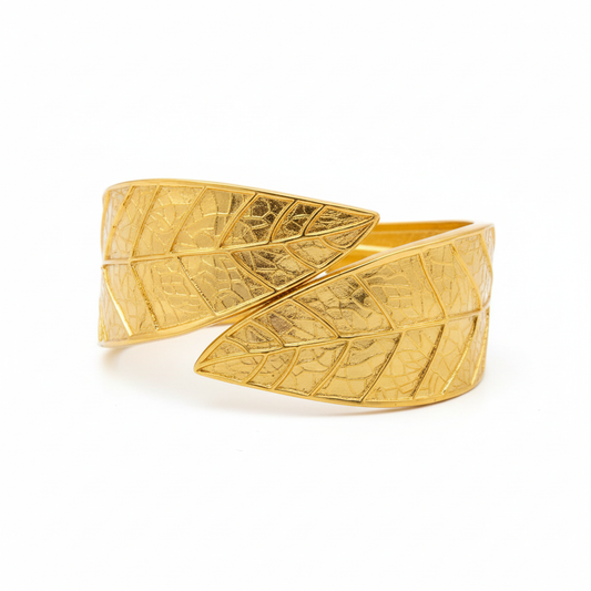 Chunky gold leaf open bangle bracelet 18k gold plated - botanical statement cuff on white background