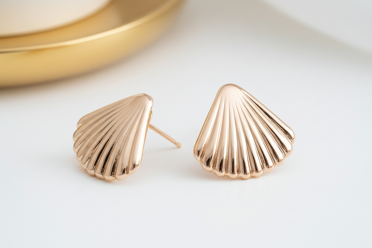 Chunky Gold Plated Shell Stud Earrings - Shiny with Post Back