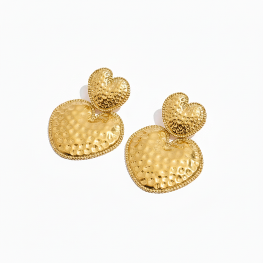 Chunky hammered heart drop earrings 18k PVD gold stainless steel – Ms Friesch
