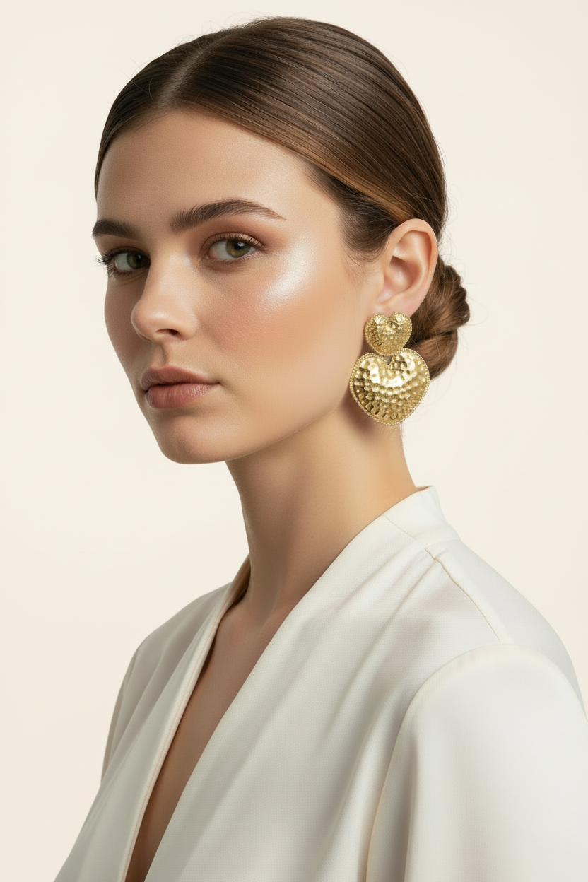Woman wearing chunky hammered heart drop earrings 18k PVD gold – Ms Friesch
