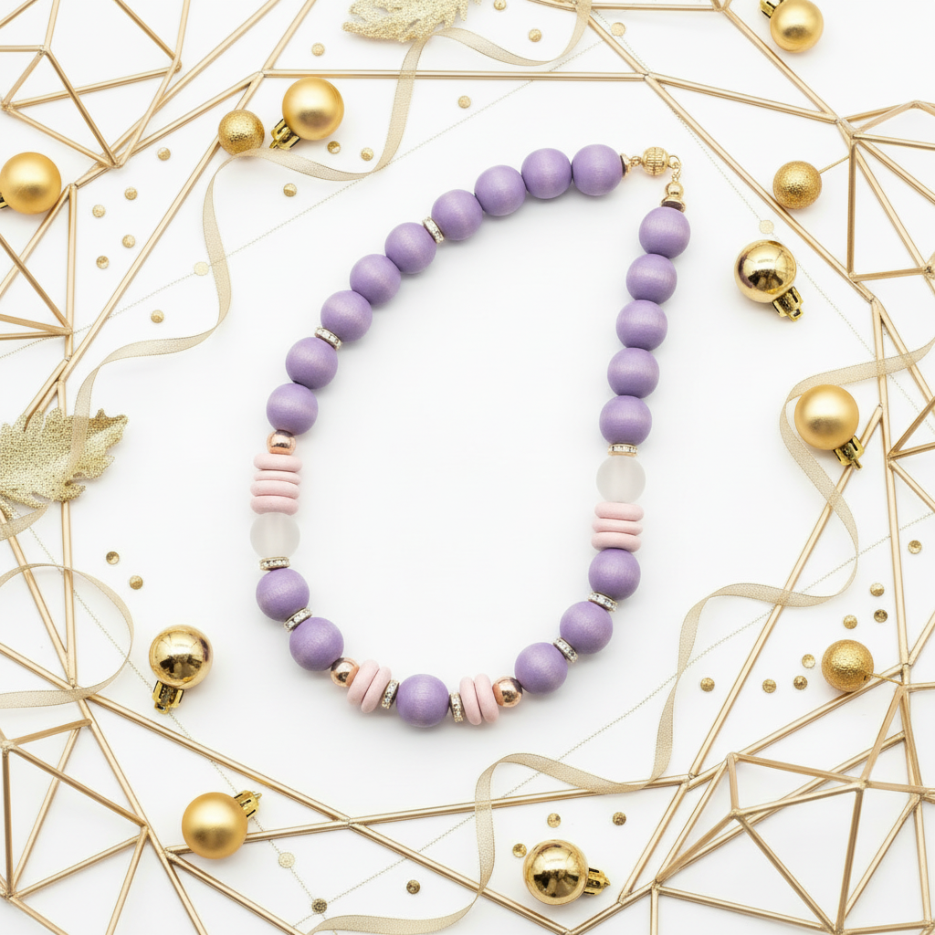 Chunky Lavender Wood Bead Necklace Gold Accents – Statement Jewelry for Women
