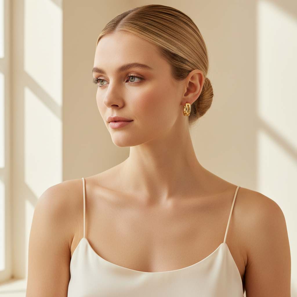 Small Gold Huggie Earrings Chunky Link Pattern on Model for Women
