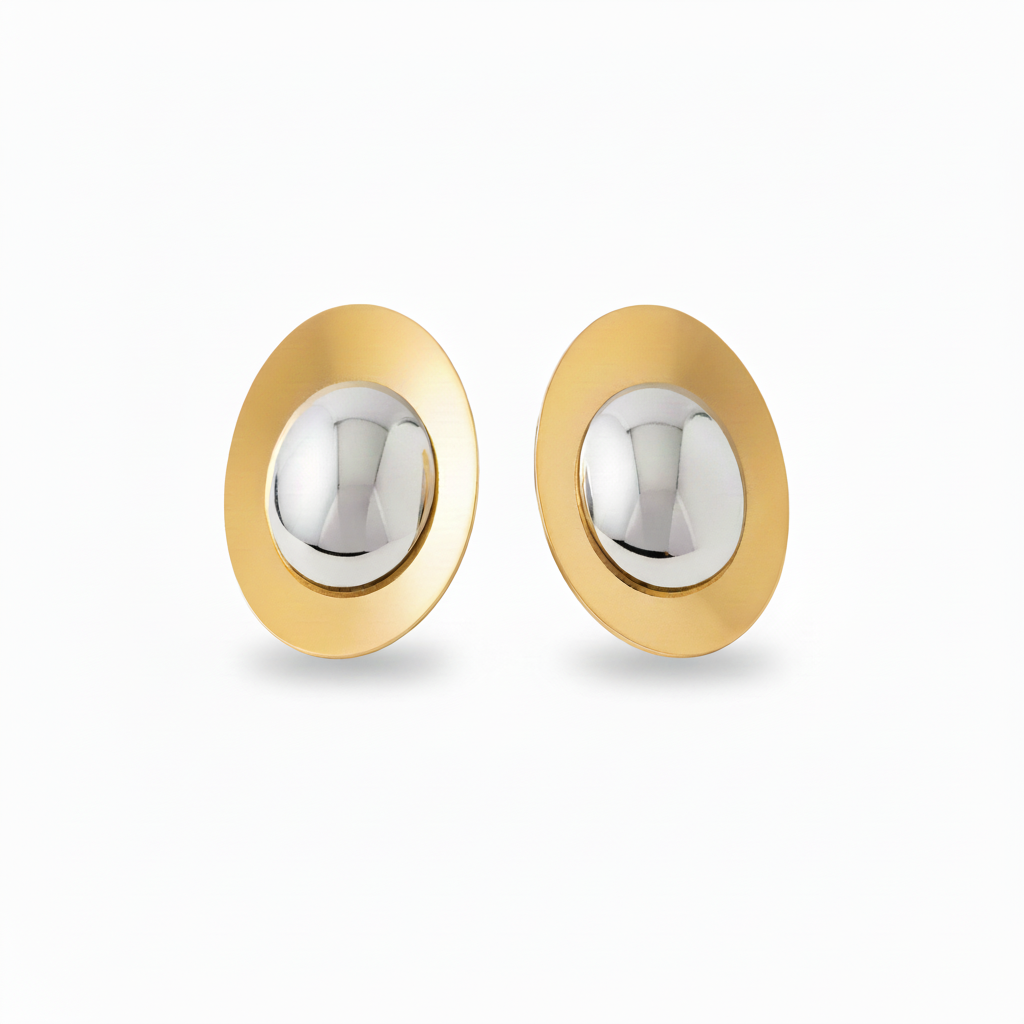 Oversized Oval Gold Disc Stud Earrings with Smooth Silver Dome Center – 18k Gold Plated Stainless Steel, 40x29mm