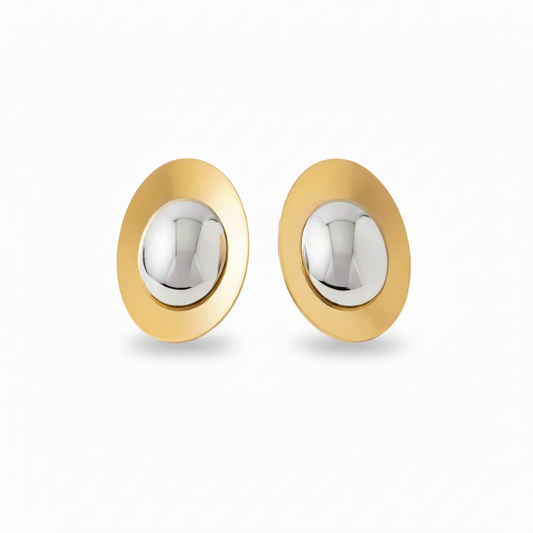 Oversized Oval Gold Disc Stud Earrings with Smooth Silver Dome Center – 18k Gold Plated Stainless Steel, 40x29mm