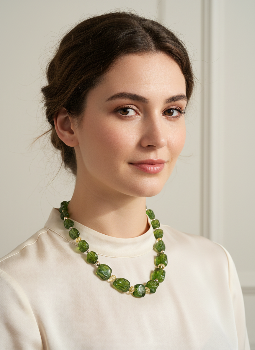 Chunky Peridot Nugget Necklace with Enhanced Lighting on Model