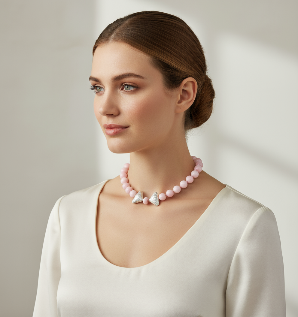 Chunky Peruvian Pink Opal Necklace 19" Choker on Model