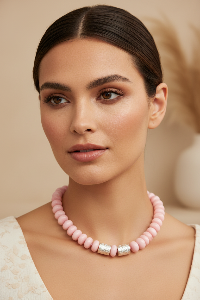 Chunky Peruvian Pink Opal Necklace with Two Silver Barrels on Model