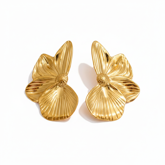 Chunky oversized petal flower stud earrings in 18k PVD gold stainless steel on white background | Ms Friesch
