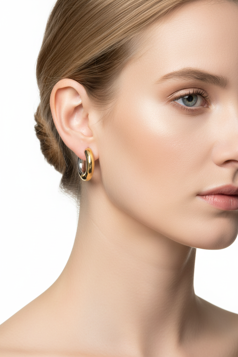 Nordic model wearing chunky reversible two-tone gold silver hoop earrings 20mm