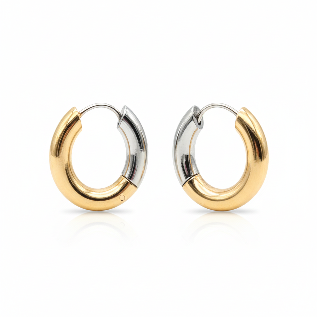 Chunky reversible PVD gold stainless steel hoop earrings 20mm with white background