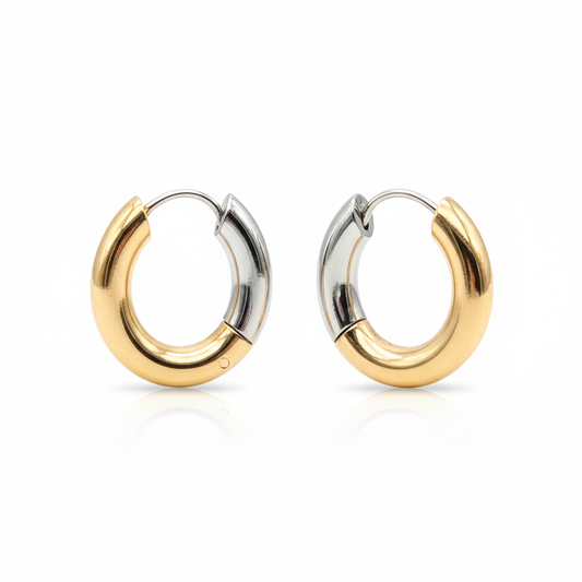 Chunky reversible PVD gold stainless steel hoop earrings 20mm with white background