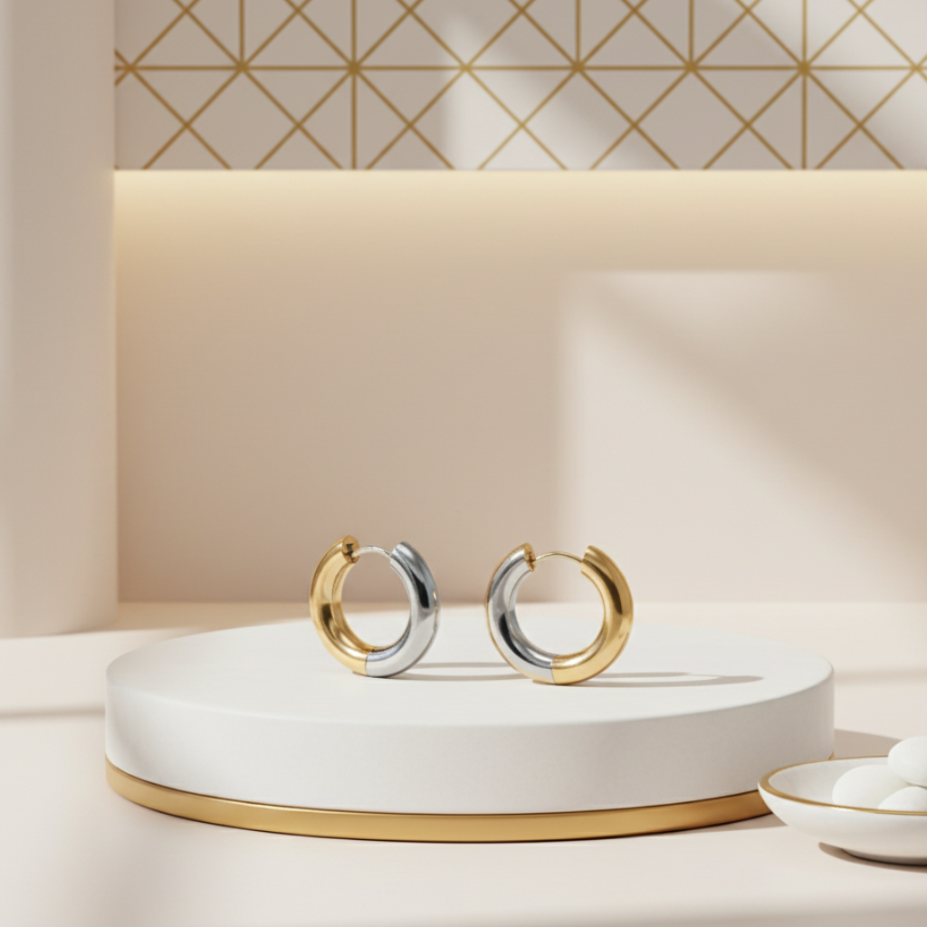 Chunky reversible gold silver hoop earrings displayed in elegant white and gold setting