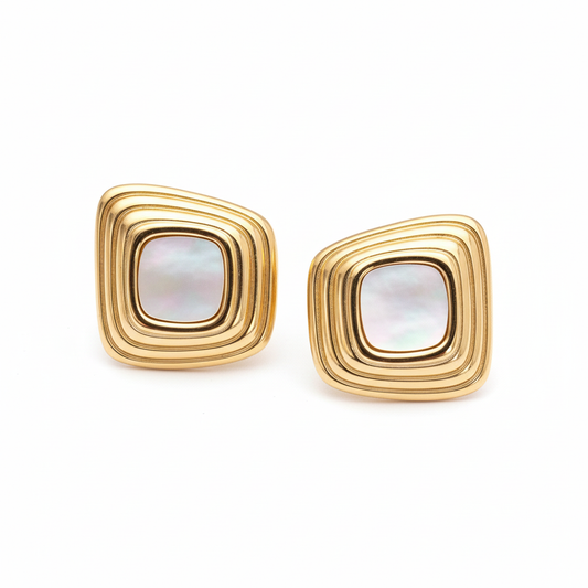Chunky natural shell stud earrings 18k PVD gold plated stainless steel 23mm - product photo on white background
