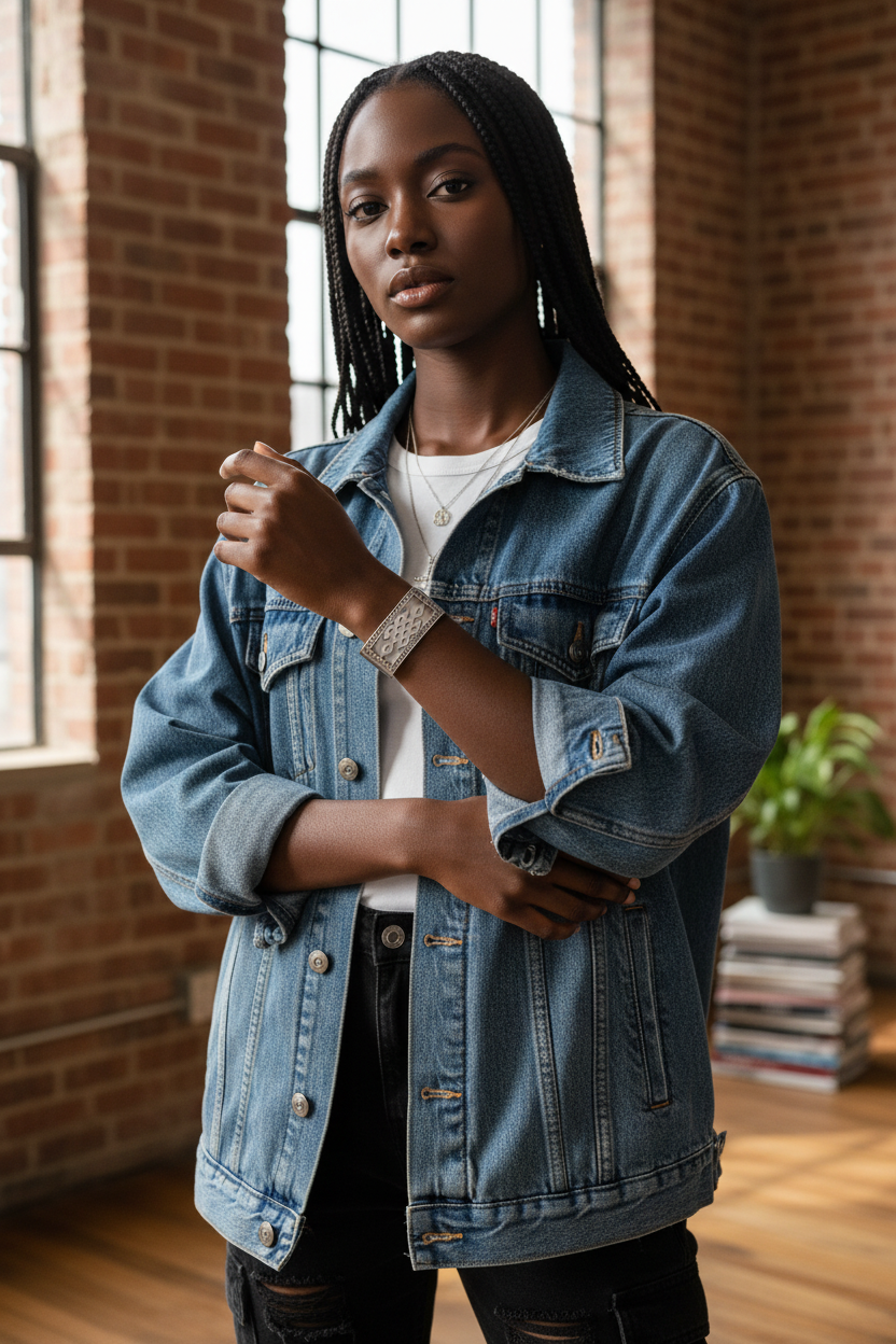 Black model wearing chunky matte silver rectangular bangle bracelet - street style statement bracelet lifestyle shot