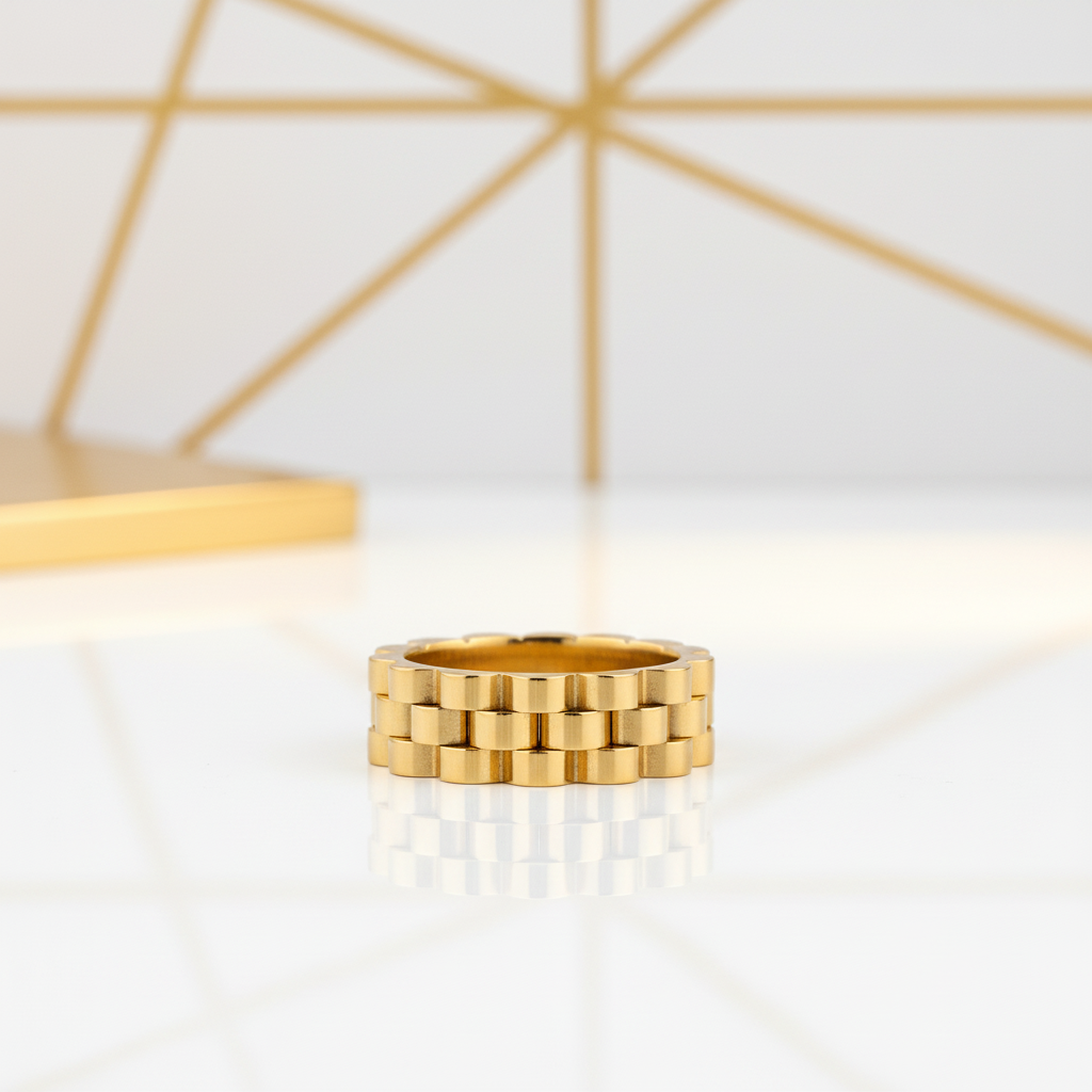 Chunky Gold Ring 8mm Wide Band – 18k PVD Gold Stainless Steel on White and Gold Background | Ms Friesch