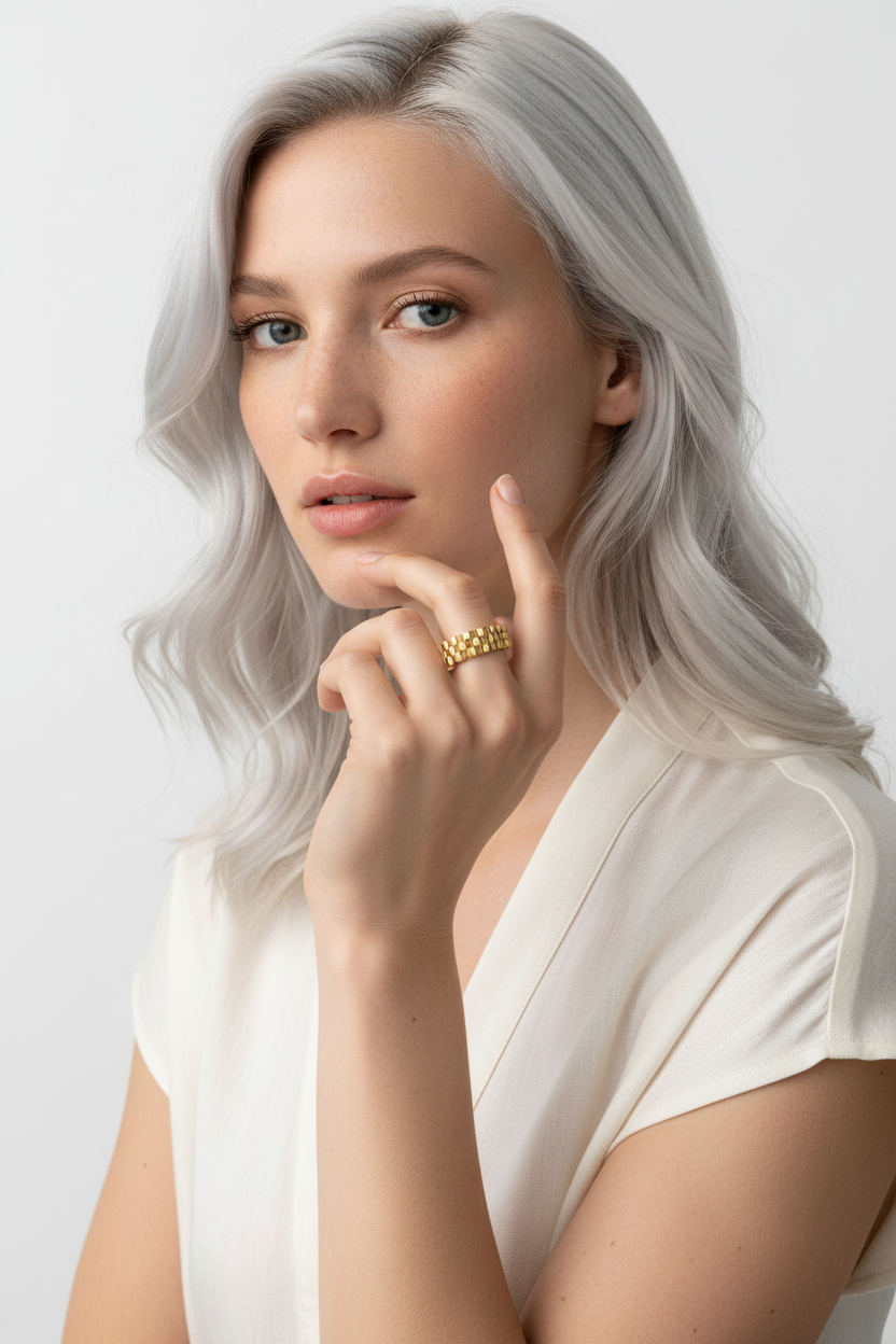 Nordic Model Wearing Chunky Watch Band Ring 8mm – 18k PVD Gold Stainless Steel | Ms Friesch