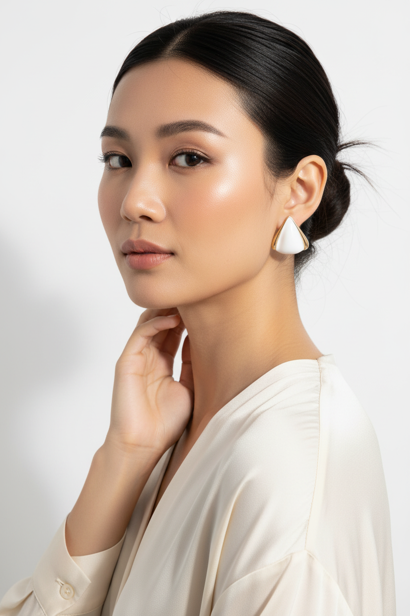 White enamel gold stud earrings 26mm worn by model - premium jewelry