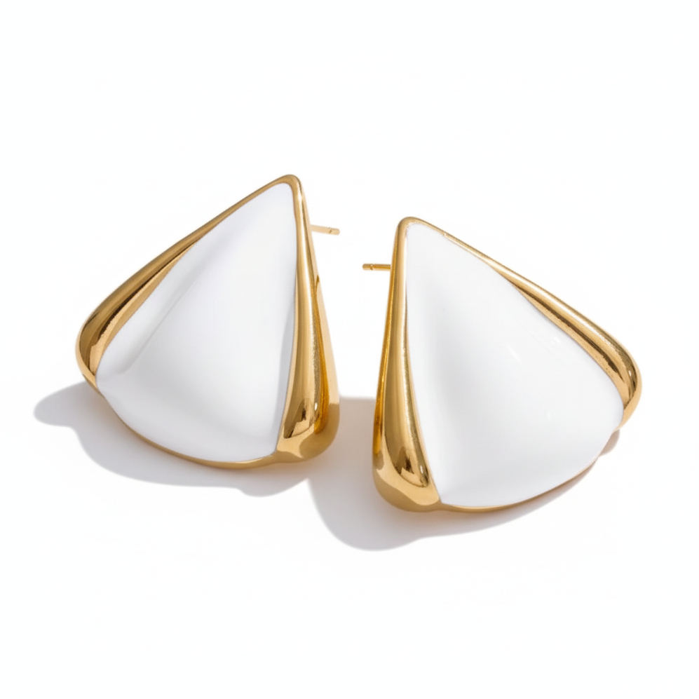 Chunky white enamel hoop earrings 18k PVD gold stainless steel on white background
