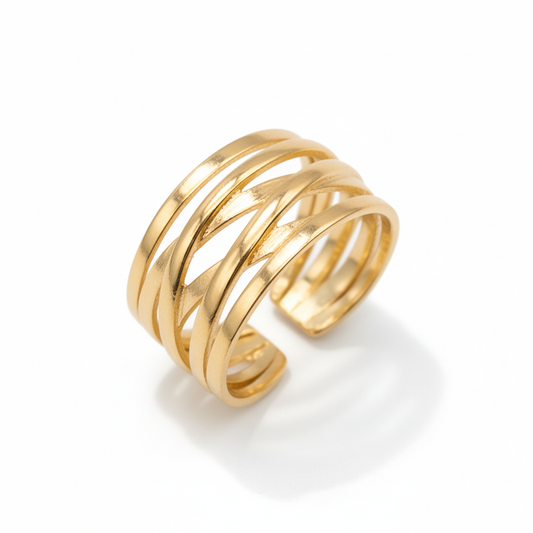 Chunky wide gold band ring 18k gold plated adjustable 10mm width on white background