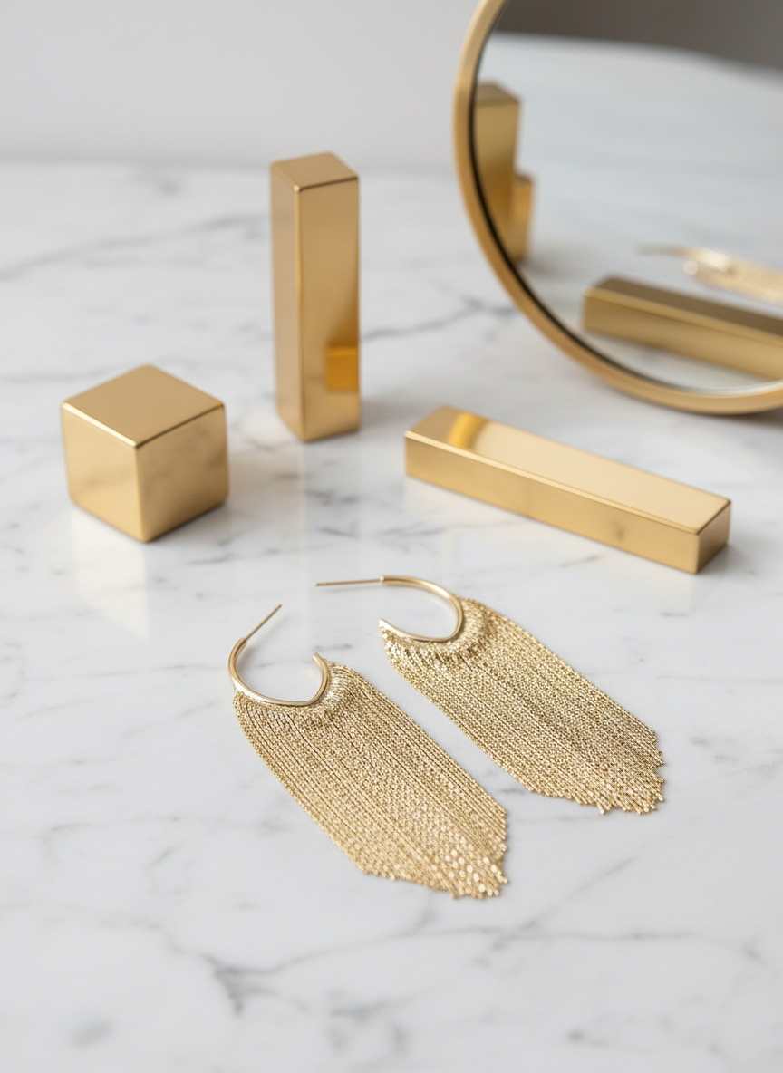 Close-up Long Gold Fringe Hoop Earrings in White and Gold Setting