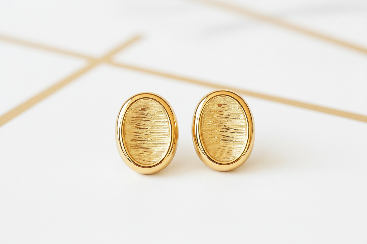 18k gold PVD oval button stud earrings close up polished finish hypoallergenic stainless steel
