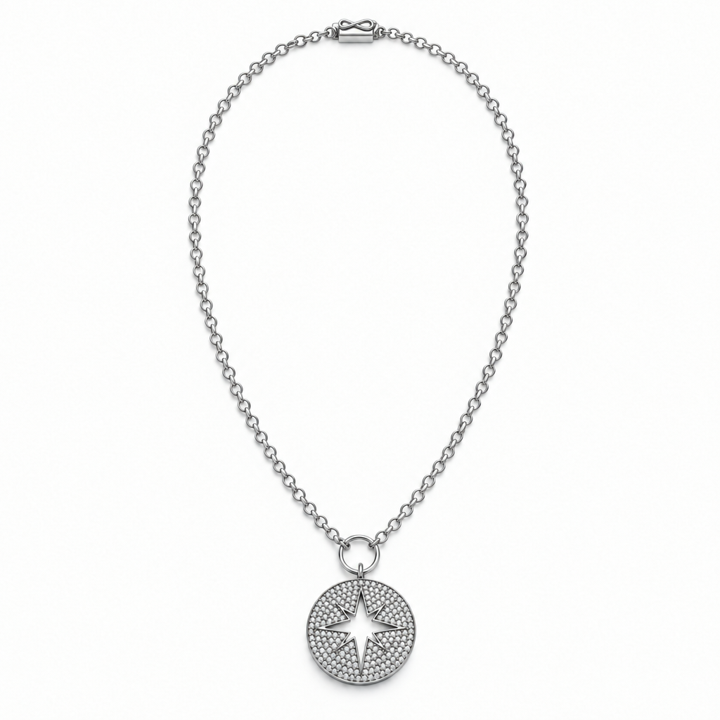 Oxidized sterling silver chain with a gunmetal open star pendant and cubic zirconia pavé on a white background
