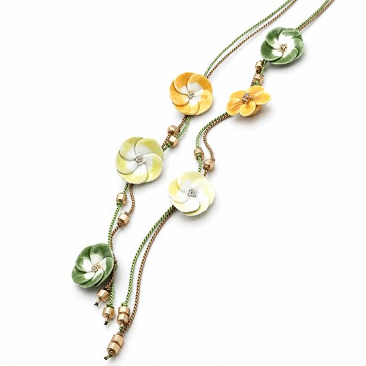 Green and yellow ceramic flower silk lariat necklace with six blooms

