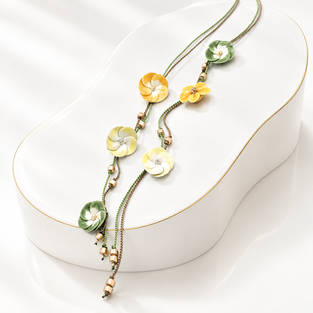Botanical silk lariat necklace with pastel ceramic flowers