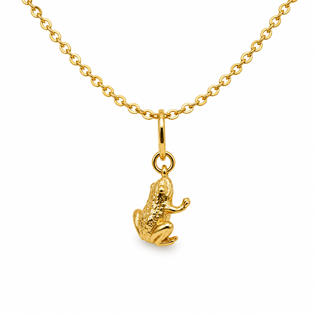18K gold plated frog charm necklace, textured 3D frog pendant on a fine cable chain, side view on a white background
