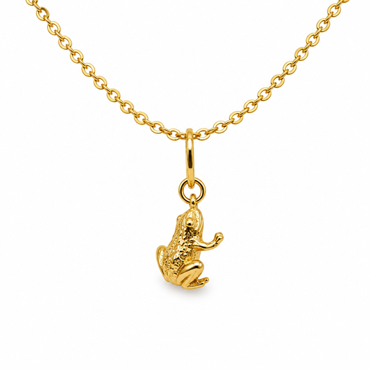 18K gold plated frog charm necklace, textured 3D frog pendant on a fine cable chain, side view on a white background
