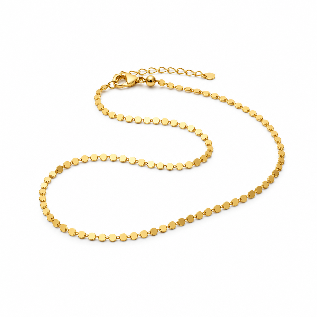 18k Gold Plated polished flat disc necklace with lobster clasp and extension chain on a white background